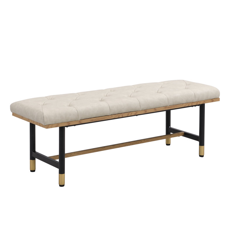 Beige Faux Leather Upholstered Bench with Gold Metal Shelf