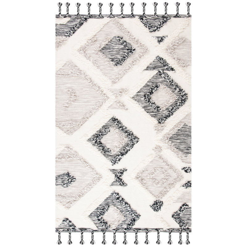 Hand-Knotted Black and Grey Wool Geometric Area Rug, 9' x 12'