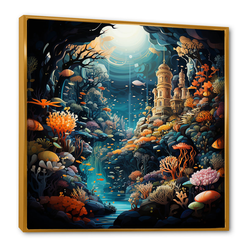 «Coral Mistic Underwater Kingdom I - Fantasy», art mural, Cadre flottant doré, 30" H x 30" W