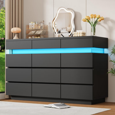 Modern 12 Drawer Dresser for Bedroom, 59" Wide Wooden Chest with LED Lighting