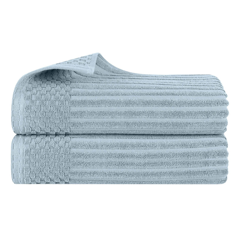 Ruvins Cotton Highly Absorbent Solid and Checkered Border Bath Sheet Set, Slate Blue