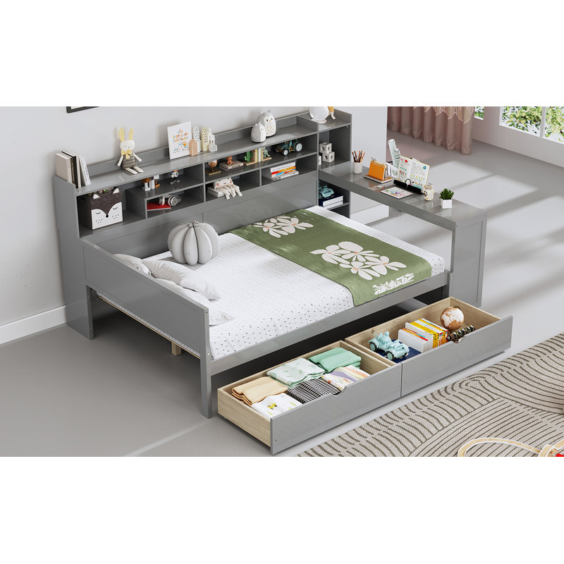 Lit de jour en bois avec tablettes de rangement, lit avec deux tiroirs de rangement, Grey