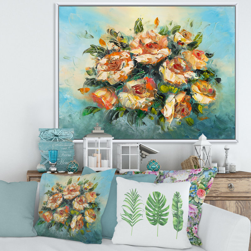 Bouquet de fleurs rétro rose foncé - peinture sur toile, H 12 po x l 20 po x p 1 po, Cadre flottant blanc