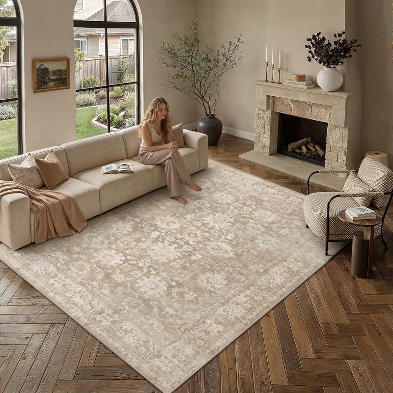 Tapis fleuri Novara, Beige, Rectangle 6'x 9'