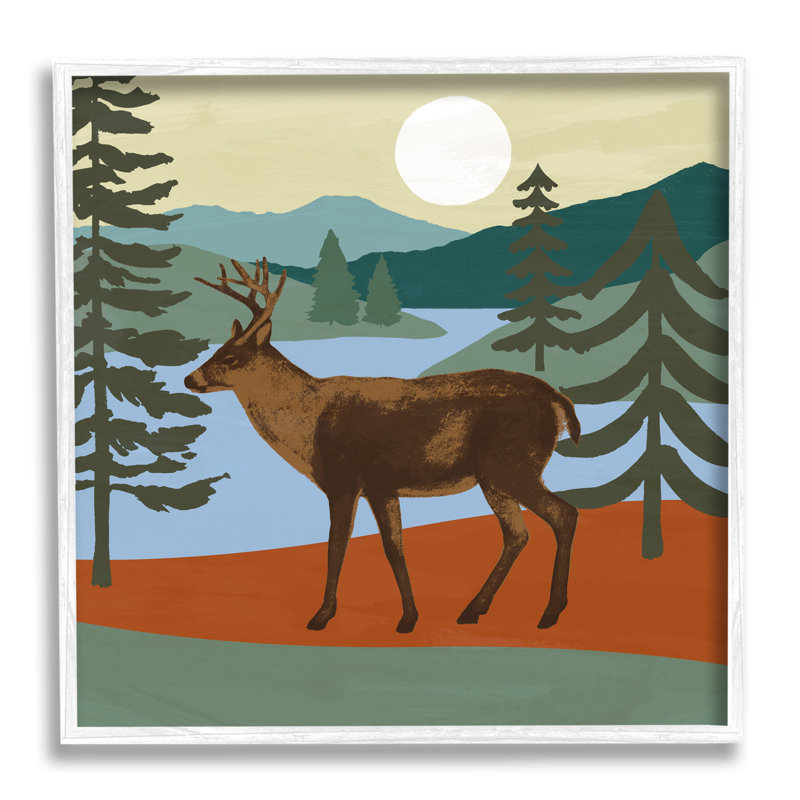 «Lakeside Mountain Peaks Forest Deer Walking» par Victoria Barnes - Peinture, H 17 po x l 17 po x P 1,5 po