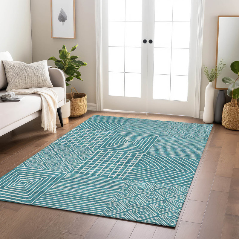 Teal Geometric Pattern Washable Synthetic Area Rug