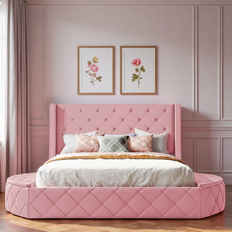 Lit plateforme tapissier en velours avec tête de lit à oreilles, grand tiroir et tabourets de rangement latéraux, Rose