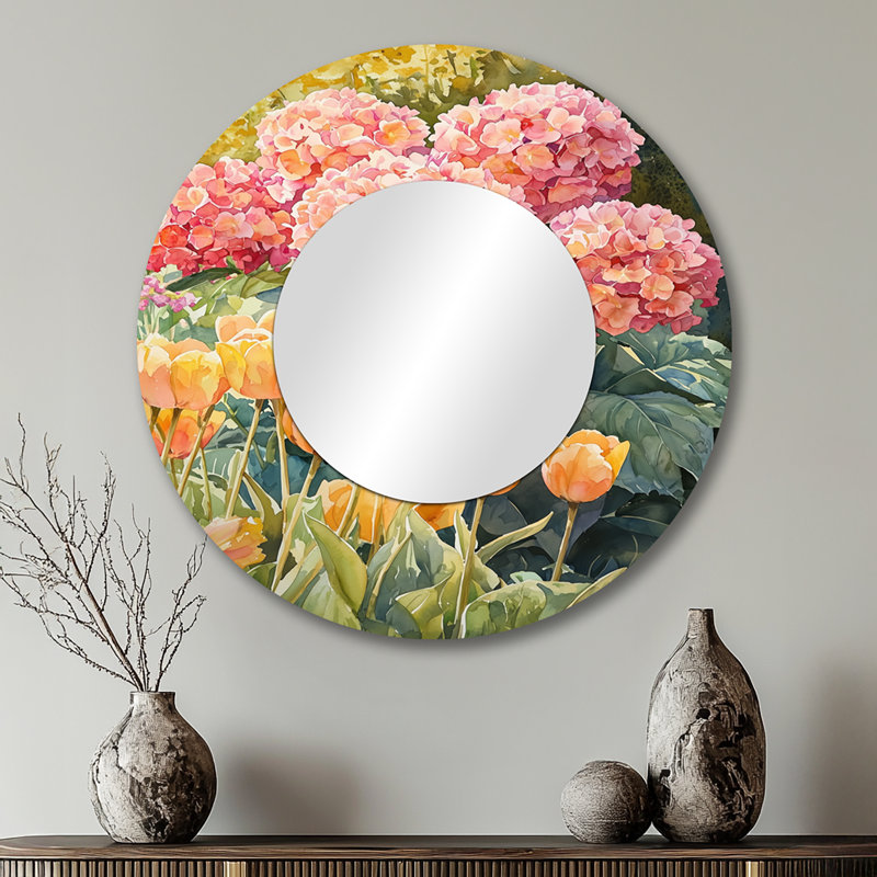 Hortensias dans le jardin printanier I - art mural traditionnel miroir décoratif - imprimé sur métal, 29 po x 29 po
