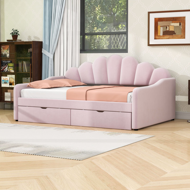 Full Upholstered Daybed with Shell-Shaped Backrest and 2 Drawers, Pink