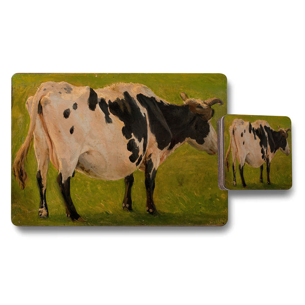 Cow Art Placemat And Coaster Set With Green Pasture Scene