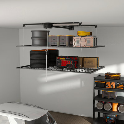 Support de rangement de garage à double couche au-dessus de 4 pi x 8 pi pour plafonds hauts de 10 à 12 pi, fabrication tout acier d'une capacité de 650 lb avec serrure, lisse, sécuritaire et silencieux (installation requise, organisateur de garage robuste)
