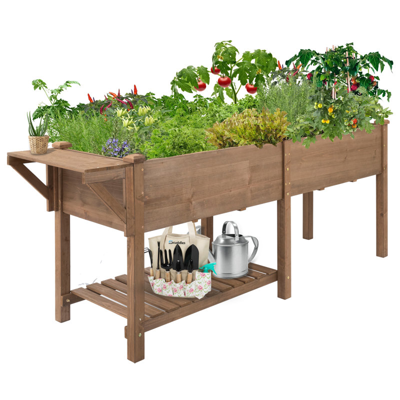 Wooden Elevated Planter With Storage Shelf, Slide Table