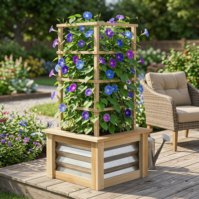 Lit de jardin surélevé en bois avec treillis, jardinière surélevée galvanisée pour patio, jardin et balcon