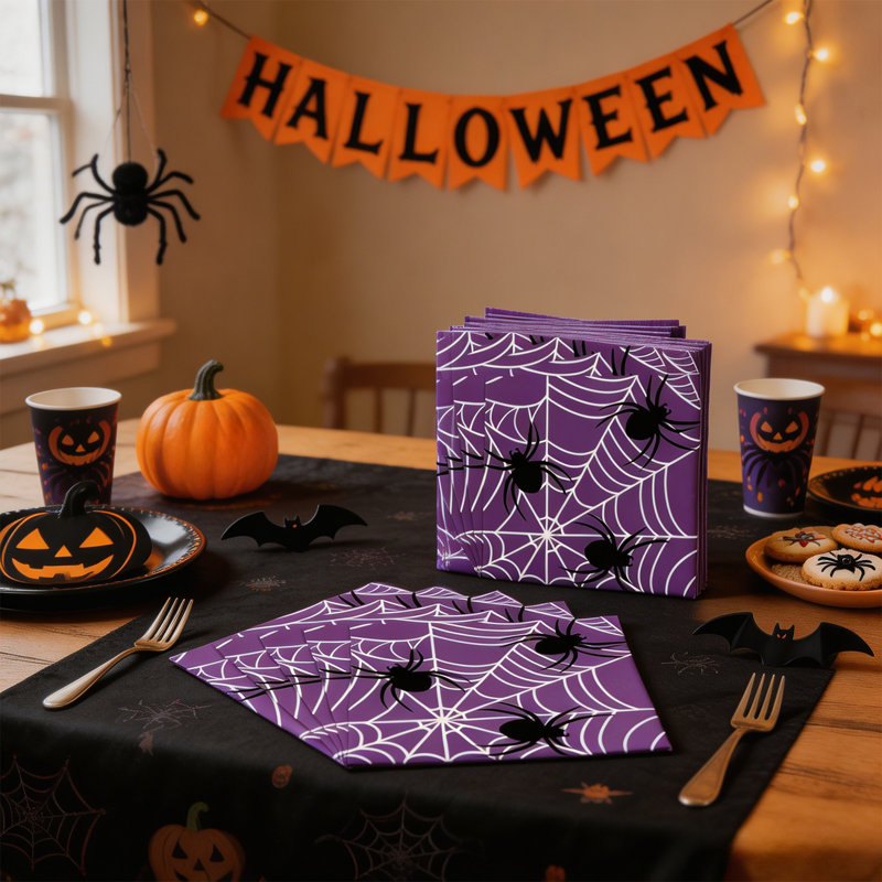 Assiettes et gobelets jetables en papier Purple Web pour Halloween - Fournitures de fête pour les occasions festives