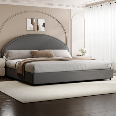 Bensu Luxury Curve-Shaped Headboard Bed Frame, Elegant Boucle Upholstered Platform Bed with Modern Design