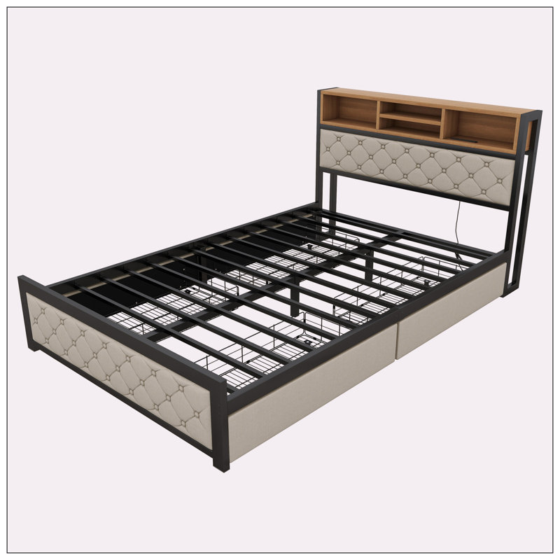 Lit plateforme tapissier Cheyann, Beige / noir, Double