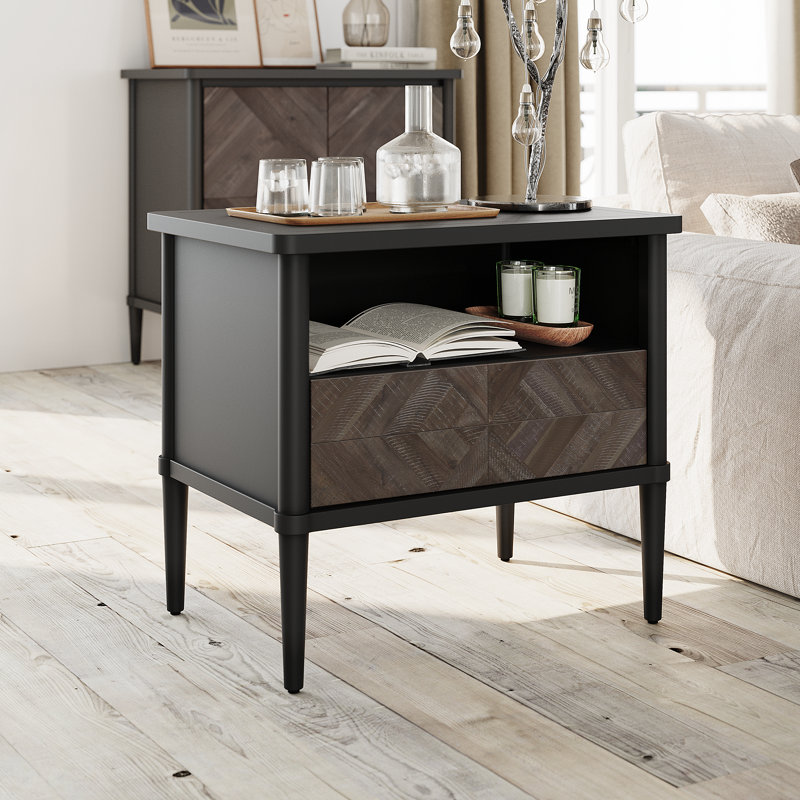 Cartlin Mid-Century Solid Wood Nightstand with Chevron Front & Open Shelf - Acacia, Mystic Finish, Mocha