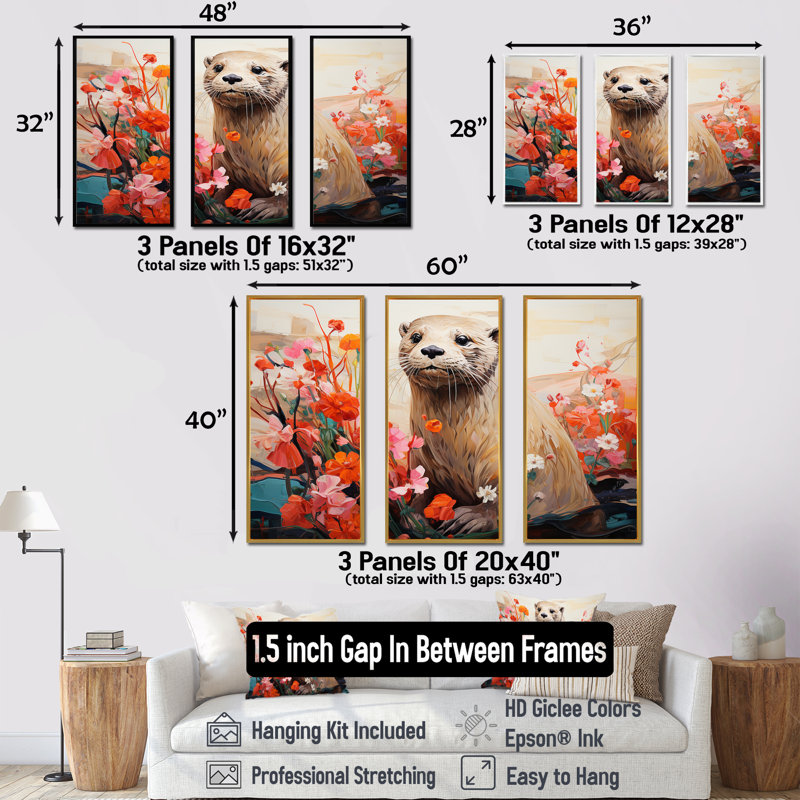 Loutre ludique en fleurs florales II - loutre, art mural, Cadre flottant brun, H 28 po x l 36 po