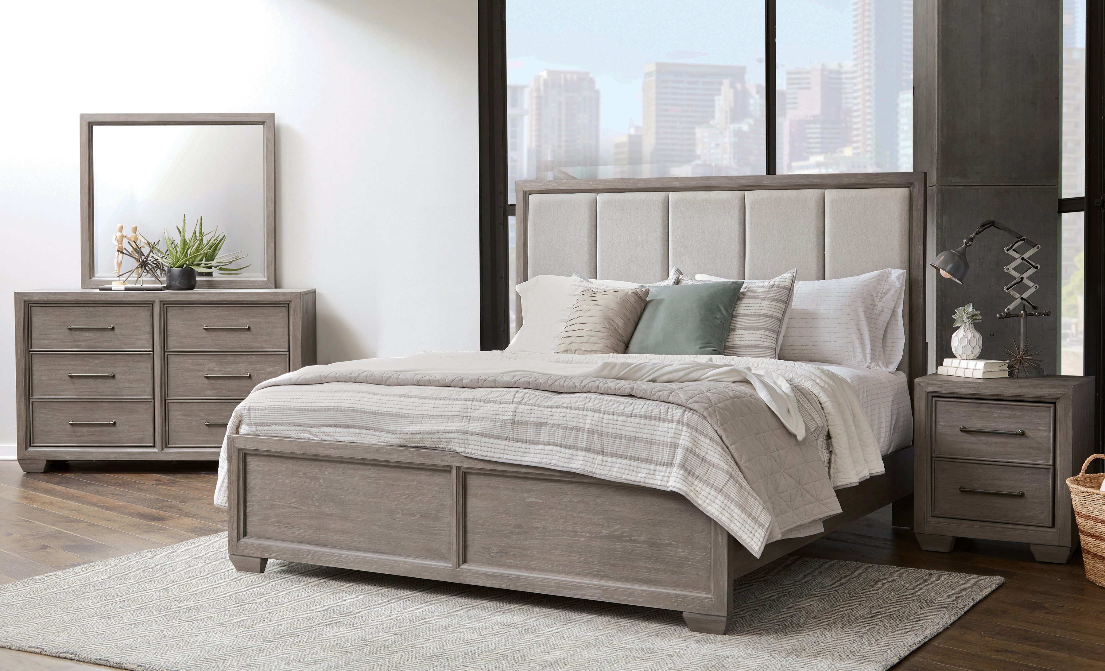 Transitonal Style Gray Solid Wood 4pc Bedroom Set Queen Size Bed Dresser Mirror Nightstand Master Bedroom Furniture