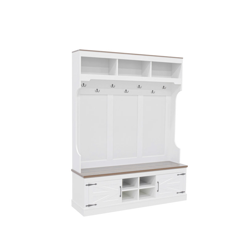 71''H Farmhouse Hall Tree with Bench, 4 Shoe Cubbies, 7 Coat Hooks & 5-in-1 Entryway Storage Organizer