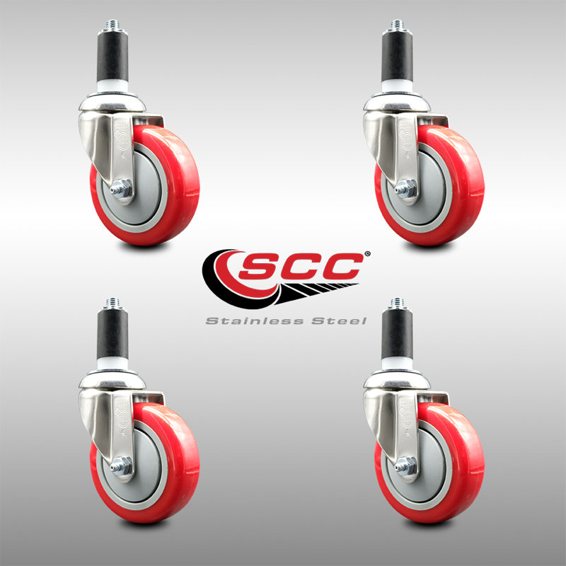 316SS Polyurethane Swivel 1- Expanding Stem Caster Set SCC, Red