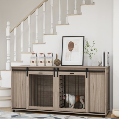Table moderne pour cage en noyer 71 po avec barrière amovible pour 2 petits chiens ou 1 grand chien, cage de rangement et porte coulissante double