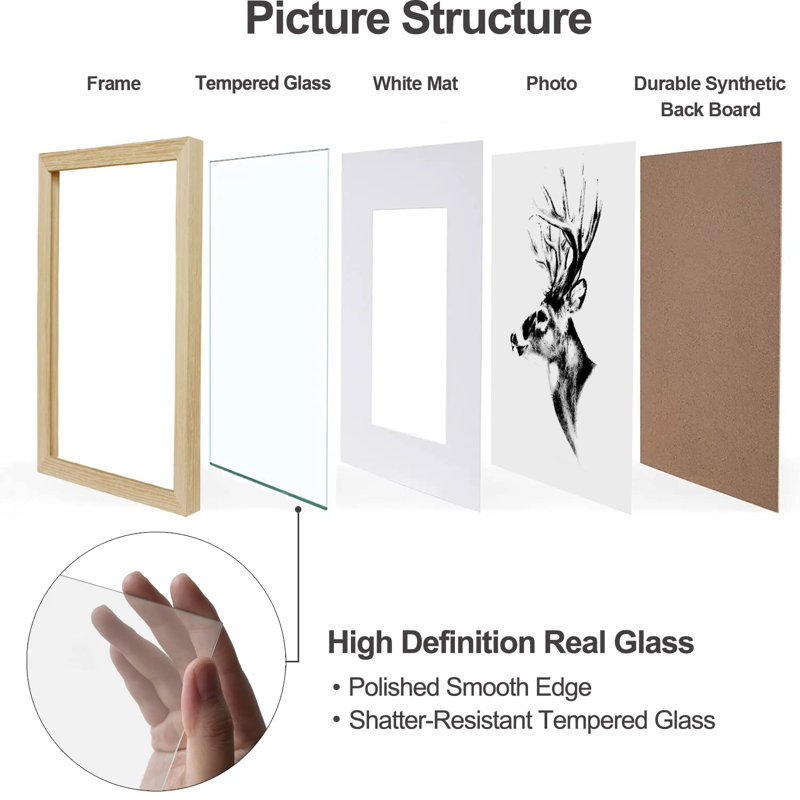 Picture Frame With Mat, Natural Wood Picture Frames Set Of 4 Packs, Wood Frame High Definition Glass Frame, MDF Wood Frame Tabletop And Wall Mounting Horizontal Or Vertical Display