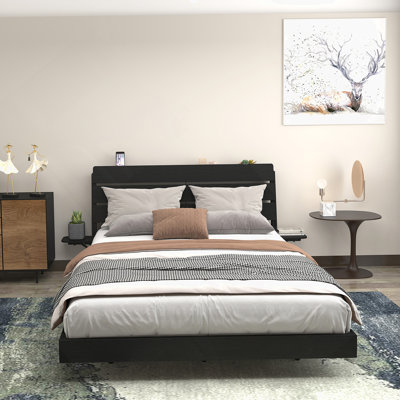 Floating Queen Bed Frame With LED Lights, Charging Station, And Storage Headboard, No Box Spring Needed, Easy Assembly, Black