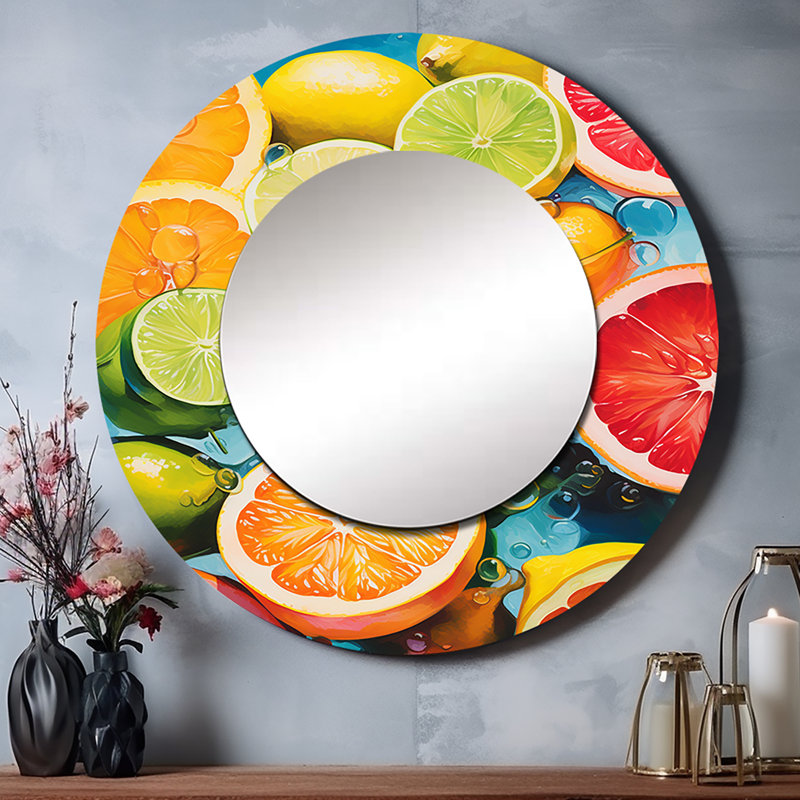 Food Citrus Collage Popart - Desserts Mirror, Traditional Round Decorative Wall Mirror, Printed Metal Art, 29" x 29"