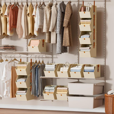 4-Tier Hanging Closet Organizer – Beige – Fabric Hanging Shelves And Collapsible Storage Bins For Clothes, Bedroom, Dorm, Or RV Organization
