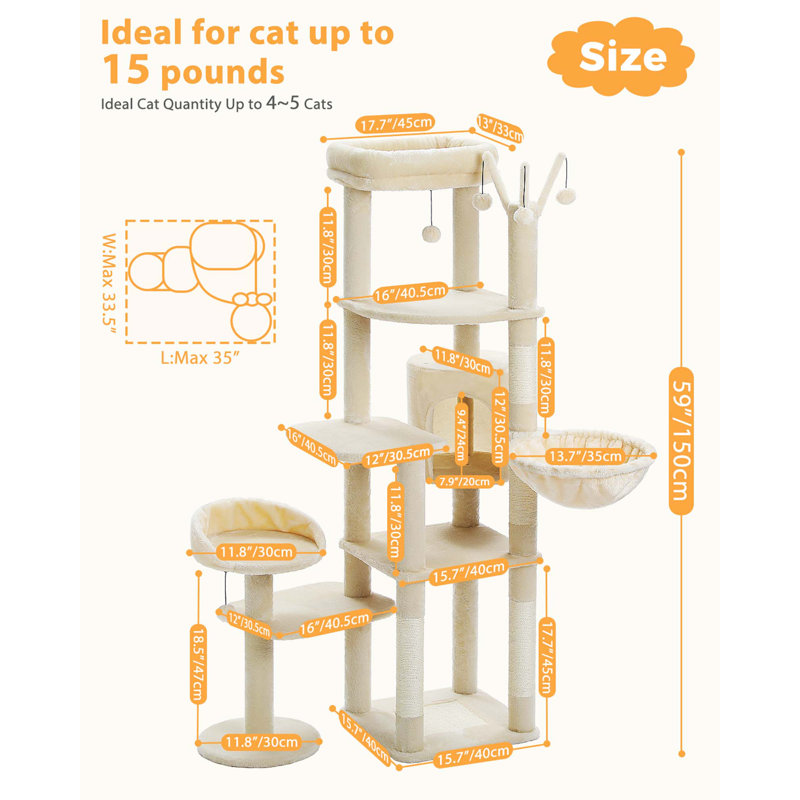 Beige Multi-Level Cat Tree Tower with Hammock and Scratching Posts