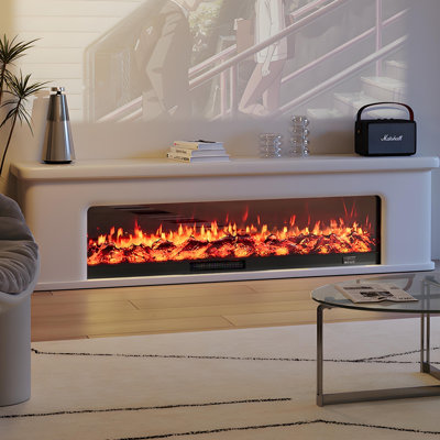 Cream‑Style French White Floor‑Standing TV Cabinet, Household Decorative Integrated Cabinet with Simulated Flame Heating Electric Fireplace for Villa Living Room