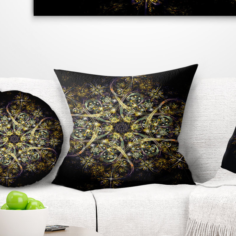Motif de fleur noir et jaune fractal - coussin imprimé abstrait, 18 po x 18 po, Coussin décoratif
