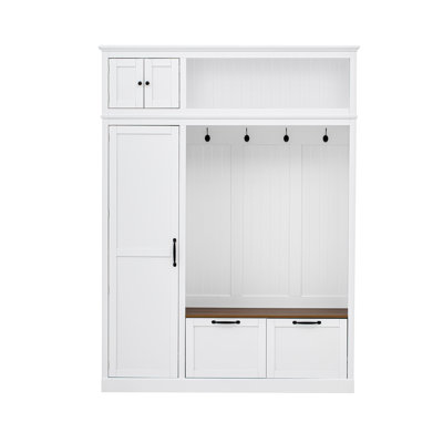 3-In-1 Hall Tree With Overhead Storage Cabinet, 3 Adjustable Side Shelves, 4 Heavy-Duty Hooks, 2 Spacious Drawers, Grooved Back Panel Design, Contrasting Seat Bench, Multifunctional Entryway Organizer