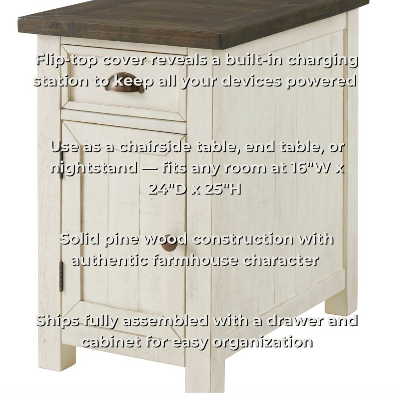 Balsam 25'' Tall Solid Wood End Table with Storage and Built-In Outlets, Brown/Cream White