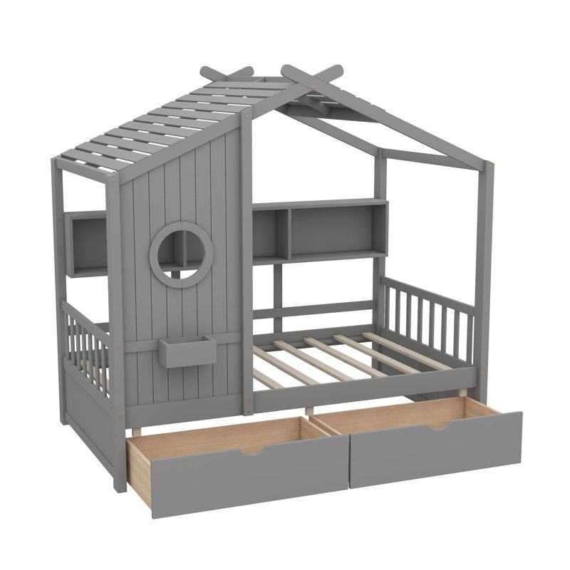Lit de style maison en bois avec 2 tiroirs et tablette de rangement, gris