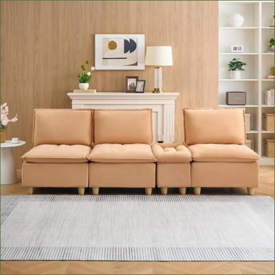 Sofas: 104-Inch Minimalist Pumpkin Flannel 3-Seater with Storage, Cup Holders for Living Rooms | Polyester Blend | Light Brown