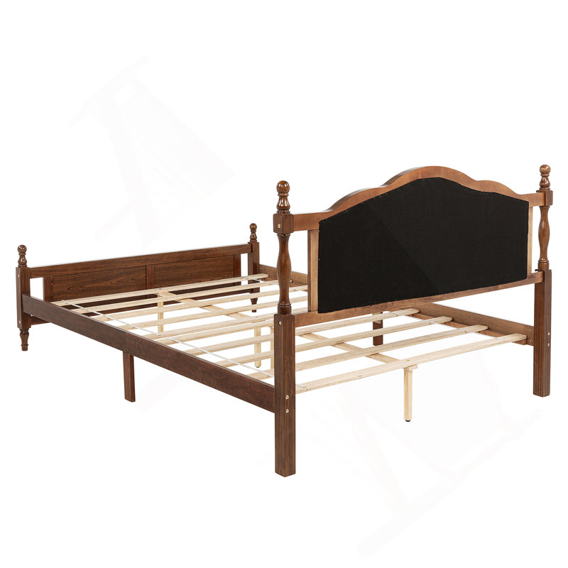Lit en bois de pin avec tête de lit tapissier et pied de lit à panneau, avec deux pieds de support de rail de lit et des pieds de support de plateforme centrale,