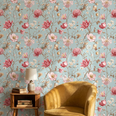 Papier peint floral, élégante murale rétro