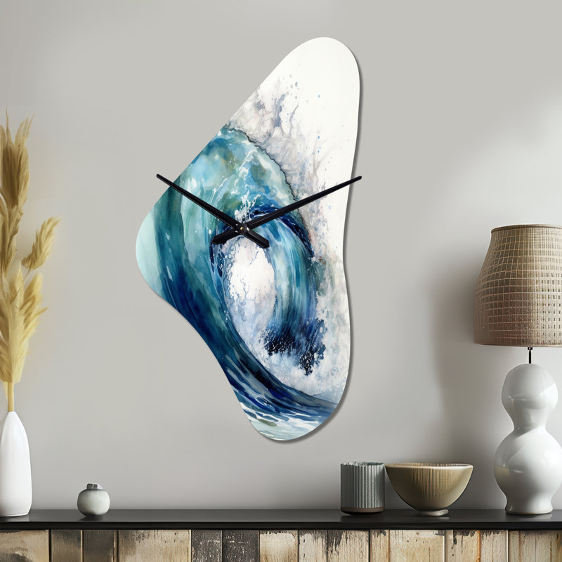 Nicu Ocean Wave Motion VI - Horloge de plage asymétrique en métal, impression d'horloge murale moderne de forme libre, Médium
