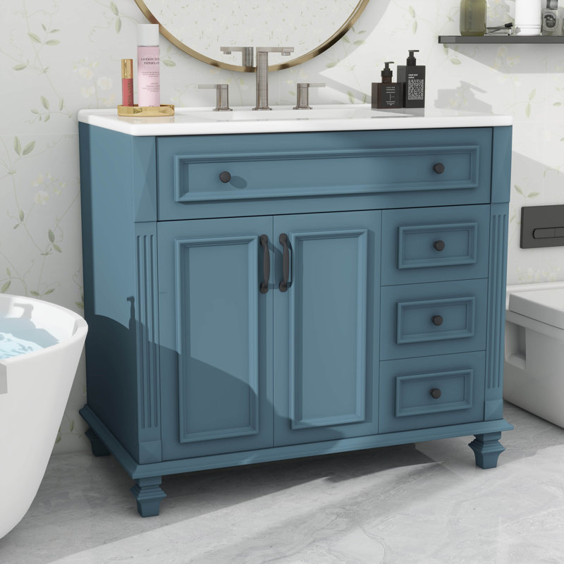 Meuble-lavabo moderne de 36 pouces avec meuble-lavabo, avec tiroir rabattable et trois tiroirs, Bleu gris