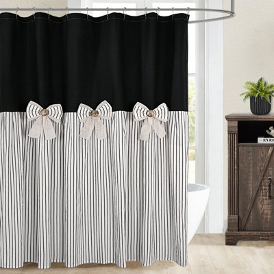 Profetto Farmhouse Linen Button  Shower Curtain, Bowknot,Linen And Cotton Woven Fabric,Pleated  Stripe,Country Style,72X84 In