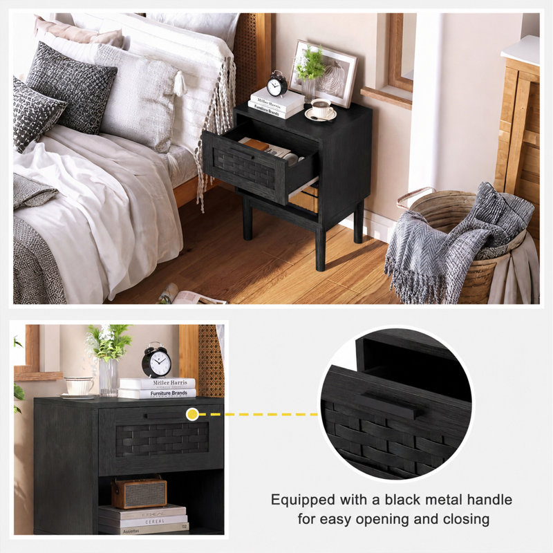 40cm W Manufactured Wood Bedside Table, Black