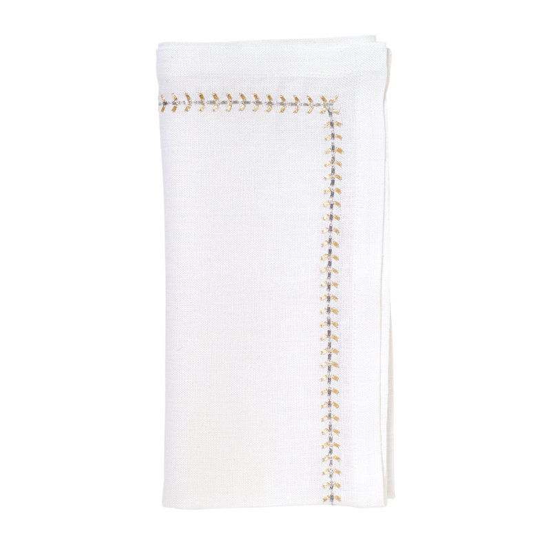 Herringbone Linen Napkin, White/Gold/Silver