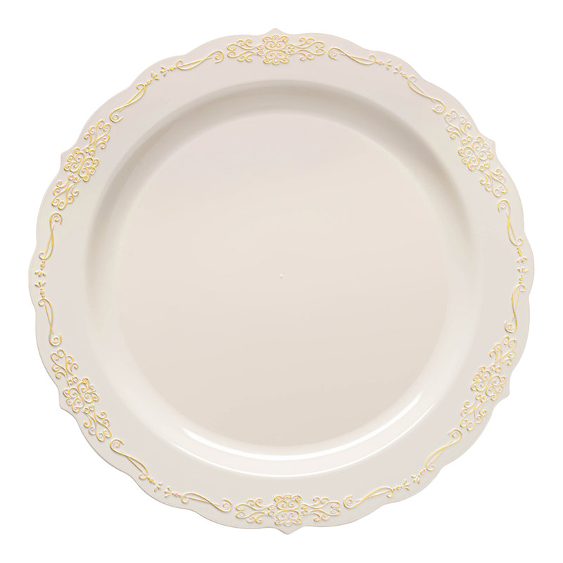 Assiettes en plastique jetables ivoire avec bordure dorée rétro (10 po)