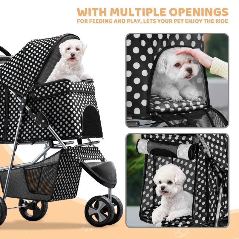 Black and White Polka Dot Foldable Dog Stroller with Storage