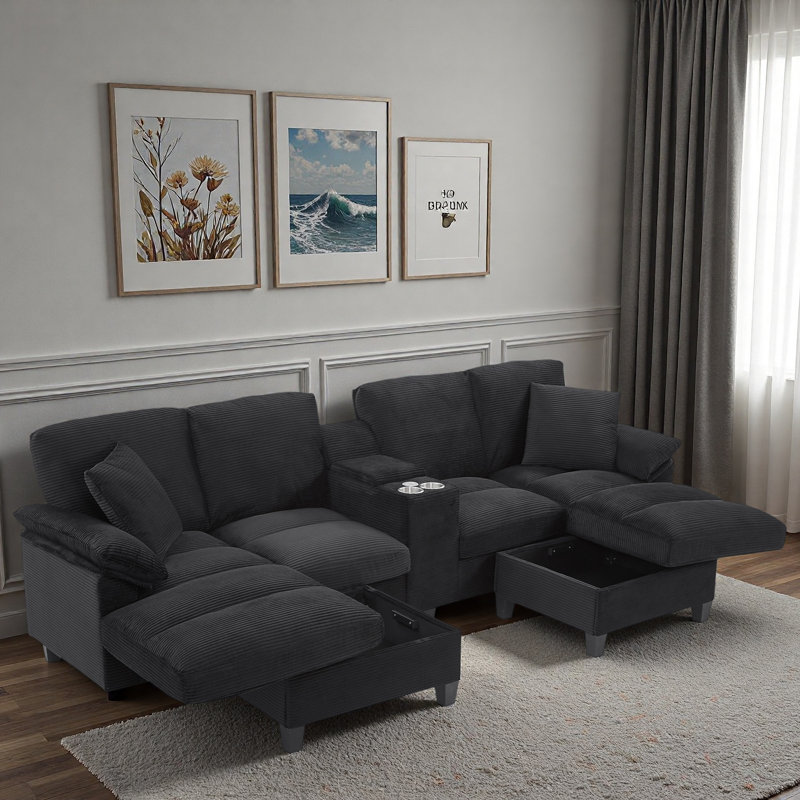 Canapé modulaire moderne en forme de U avec porte-gobelets, ports USB et repose-pieds avec rangement, Velours côtelé noir