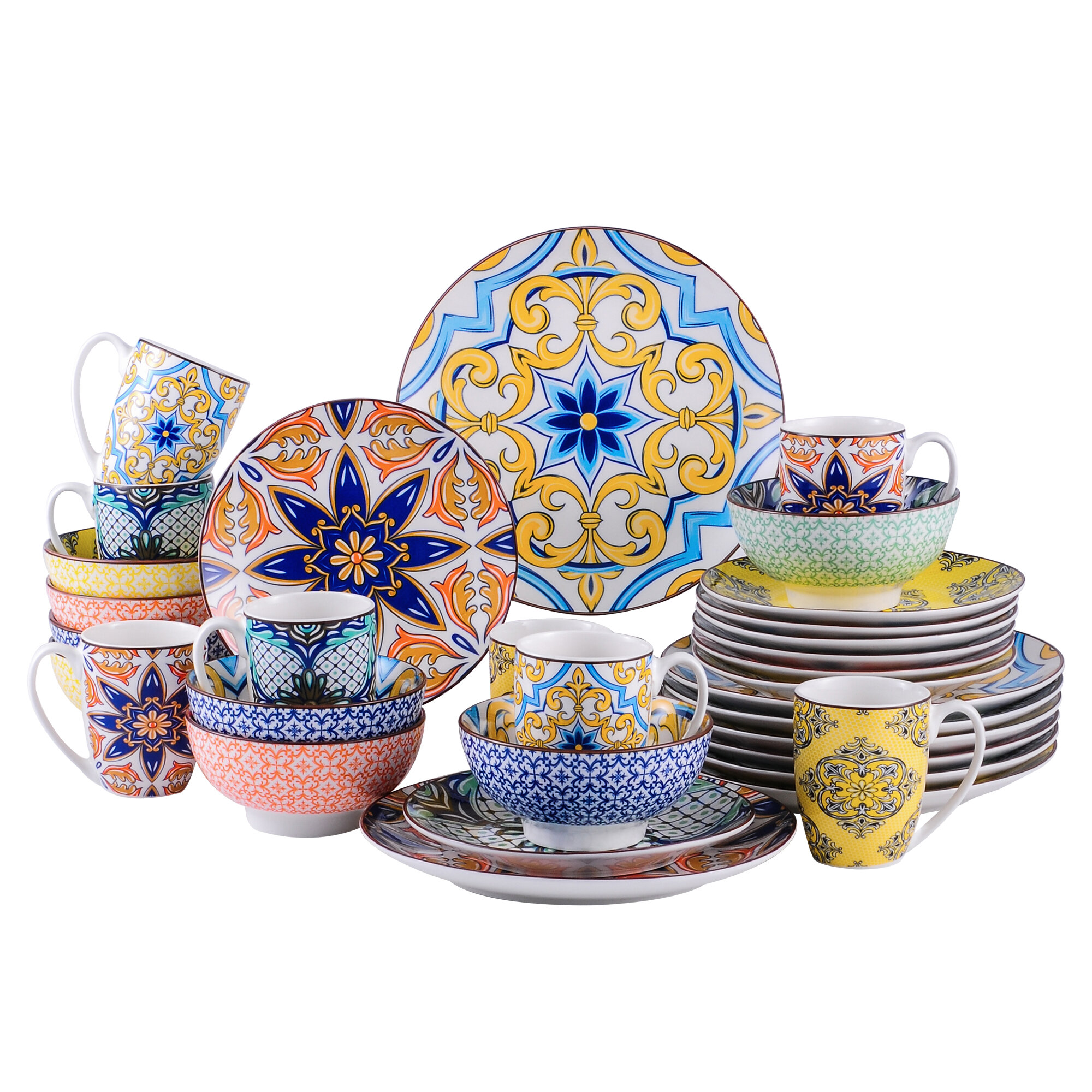 Vancasso, Series Mandala, 32-Piece Porcelain Dinnerware Set, Boho Blue Dinner  Set, Service for 8 