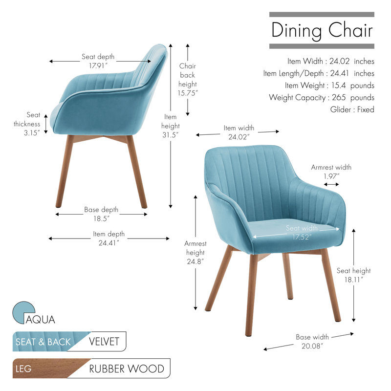 46cm H Velvet Upholstered Upholstered Back Armchair, Aqua