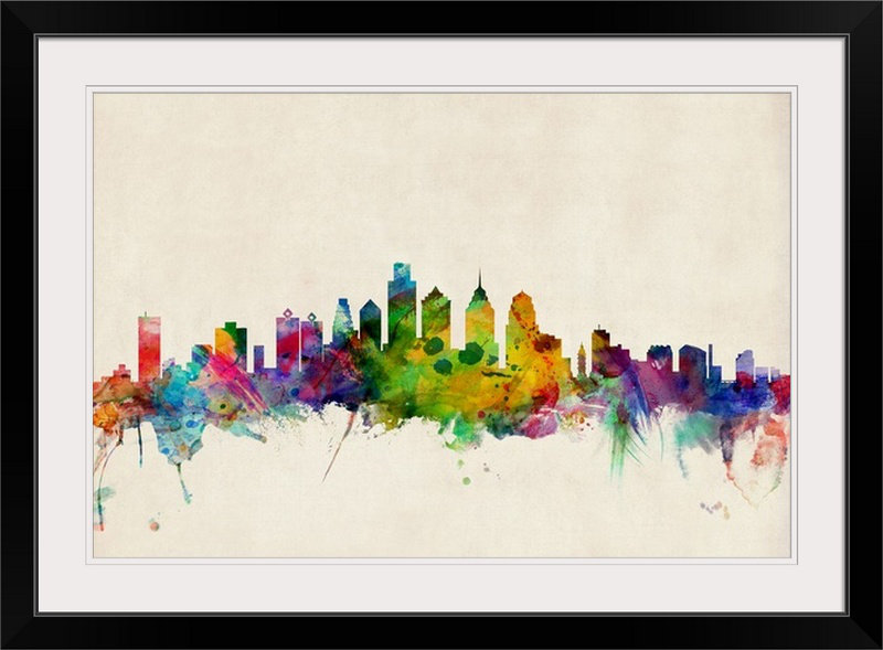«Philadelphia Skyline» par Francy, impression, Cadre noir, H 28 po x l 38 po x P 1 po